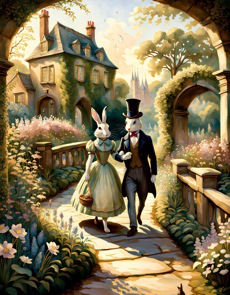 Regency-Style Rabbits Stroll through a Lush Cottage Garden