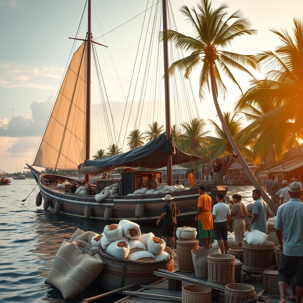 Pinisi Schooner in Tropical Harbor: Spice Trade