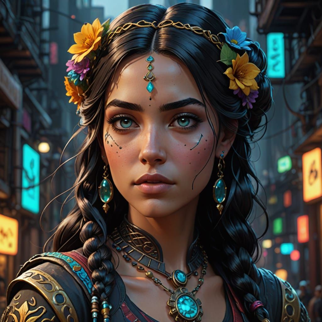 Whimsical Cyberpunk Princess Jasmine Portrait in Digital Art