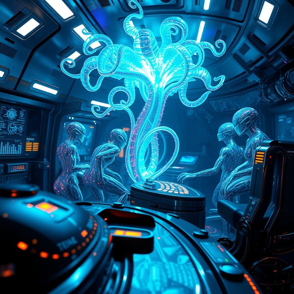 Cybernetic Space Plant with Glowing Aliens in Futuristic Sta...