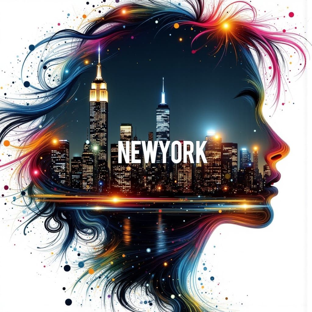 Woman Against New York City Skyline in Neon Pop Art