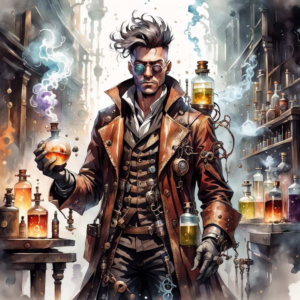 Steampunk Alchemist in Dusty Lab: Watercolor Illustration
