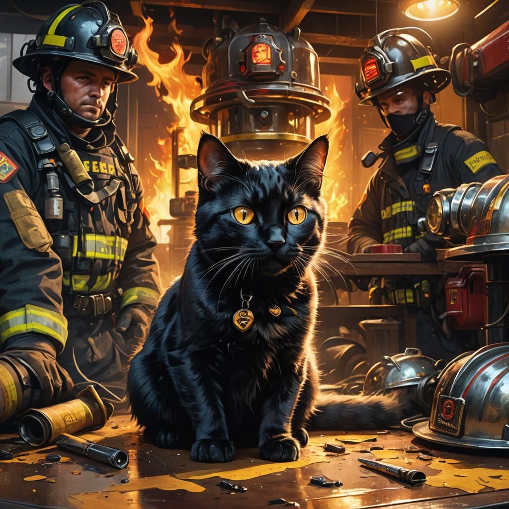 Black Cat Surrounded by Firefighters: Concept Art