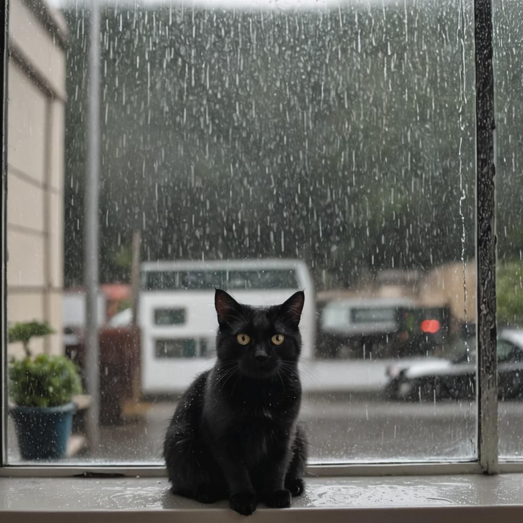 Black Cat Gazing at Rain Through Window