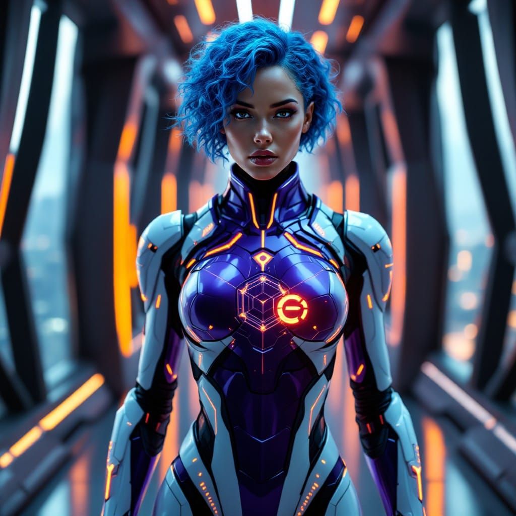 Gothic Futuristic Superheroine with Intricate Exosuit