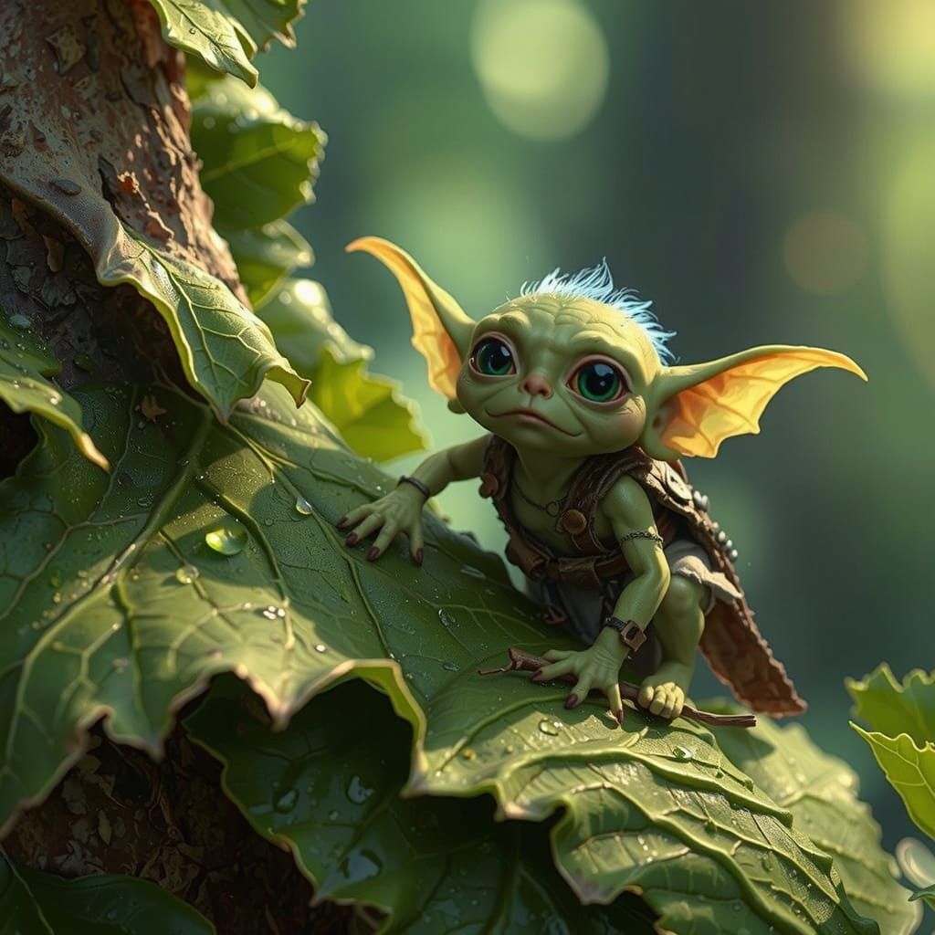 Grumpy Fairy-Goblin Climbing a Dewy Leaf