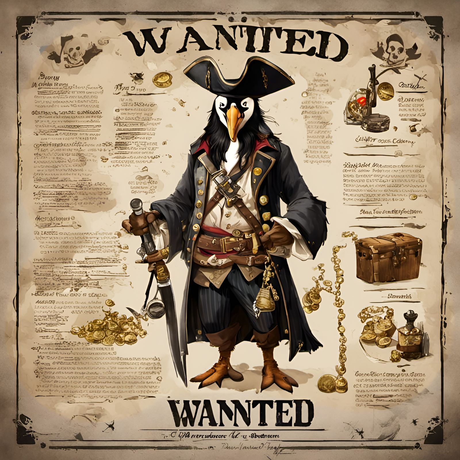 Penguin Pirate Wanted Poster in Fantasy Art Style