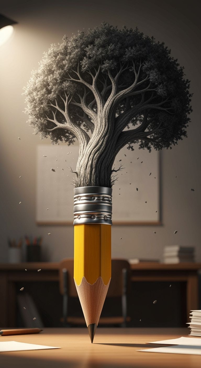 Realistic Pencil Drawing of Pencil Transforming into Oak Tre...
