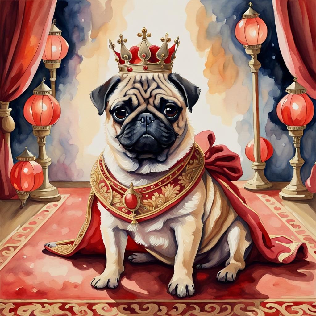Watercolor Painting of a Royal Pug Puppy