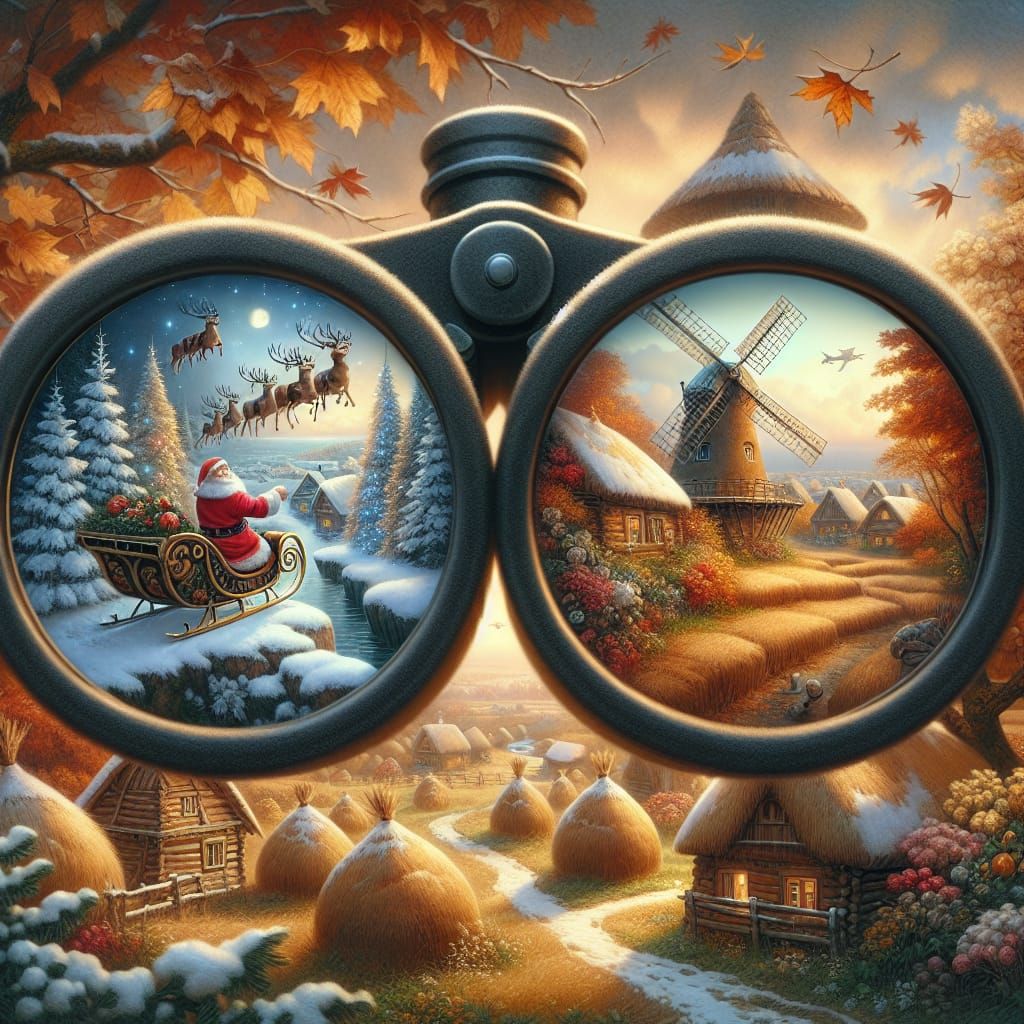 Binocular View: Christmas and Autumn Oil Painting