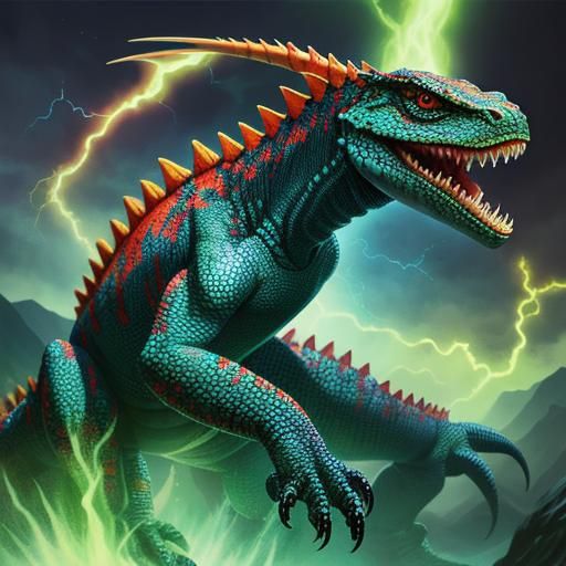 Colorful Thunder Lizard in Fantasy Landscape