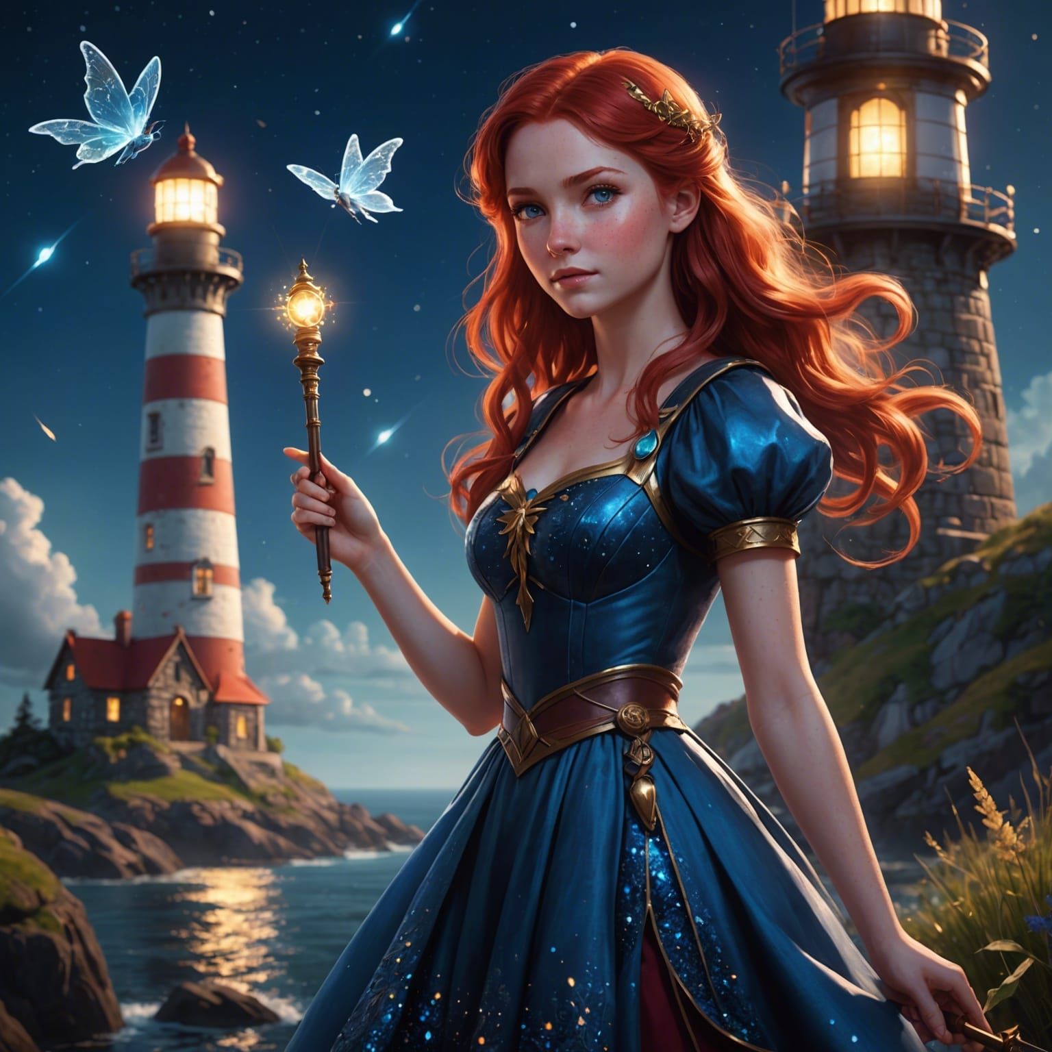 Magical Girl with Firefly Guardian and Lighthouse