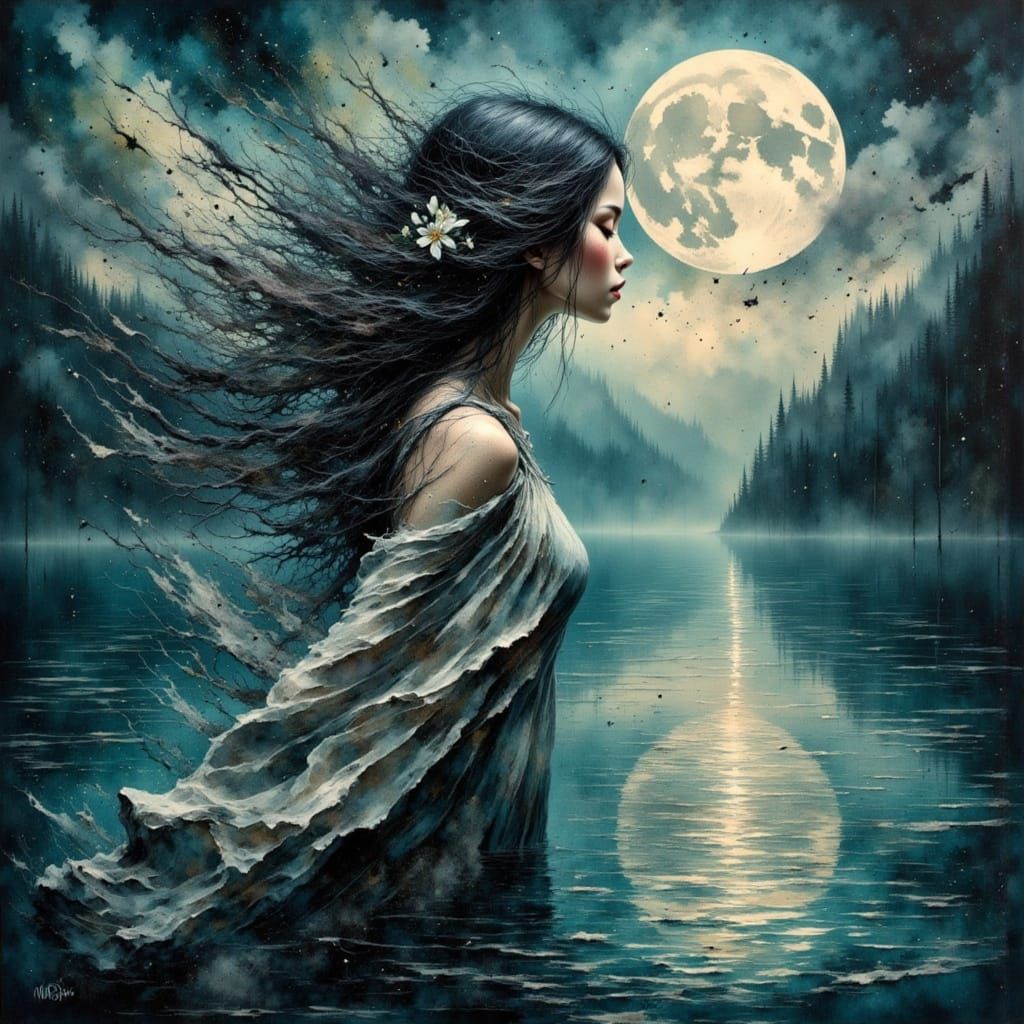 Mysterious Lady of the Lake Under Full Moon