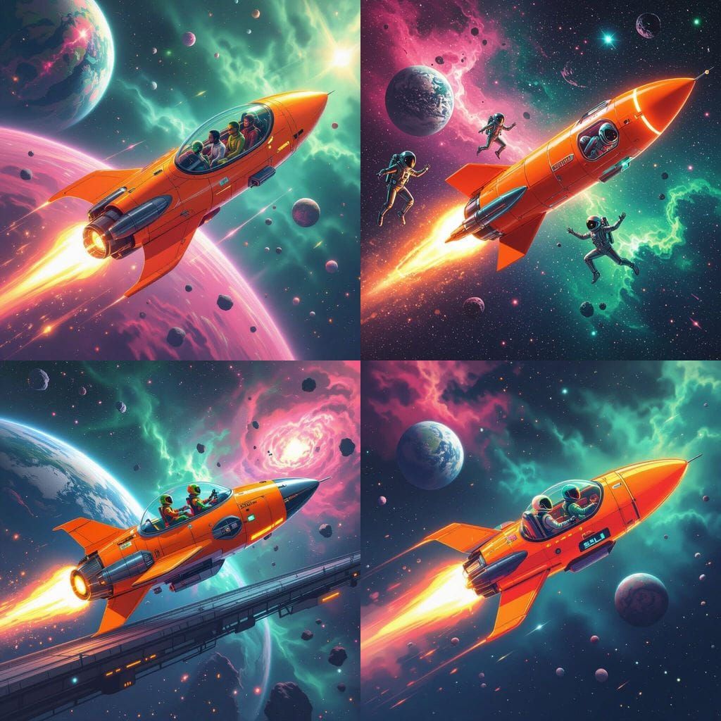Neon Rocket Soaring Through Space with Alien Crew