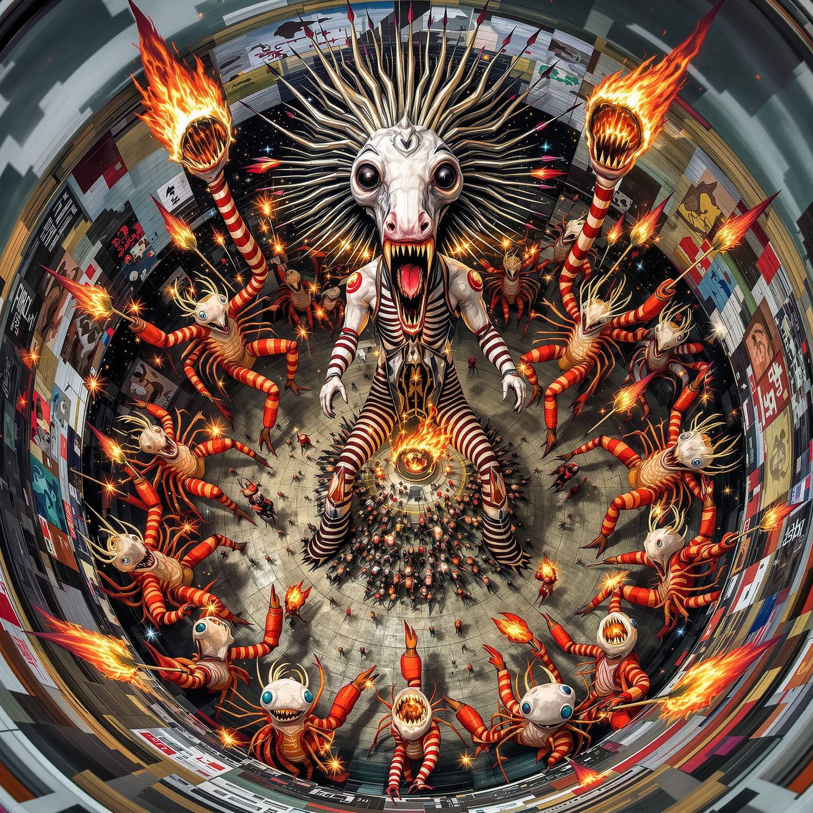 Cosmic Dance of Mythical Beings with Fiery Arrows