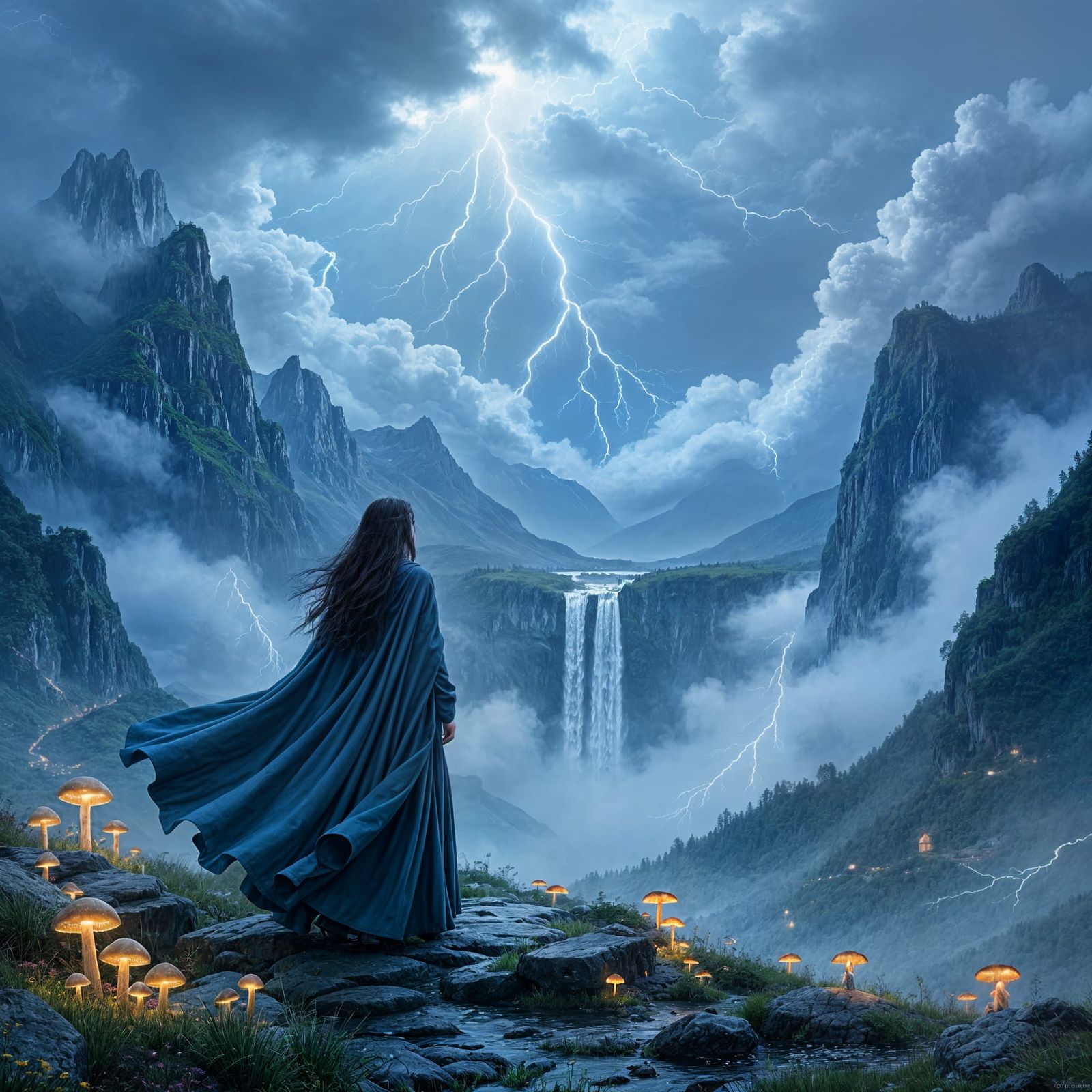 Fantasy Waterfall Meadow with Woman in Blue Cloak