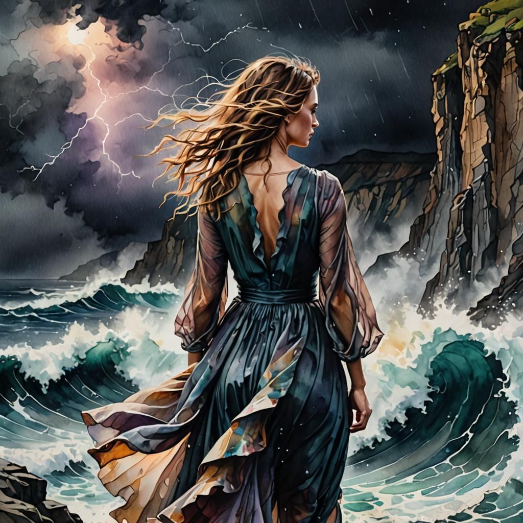 Woman on Cliffside Path During Lightning Storm