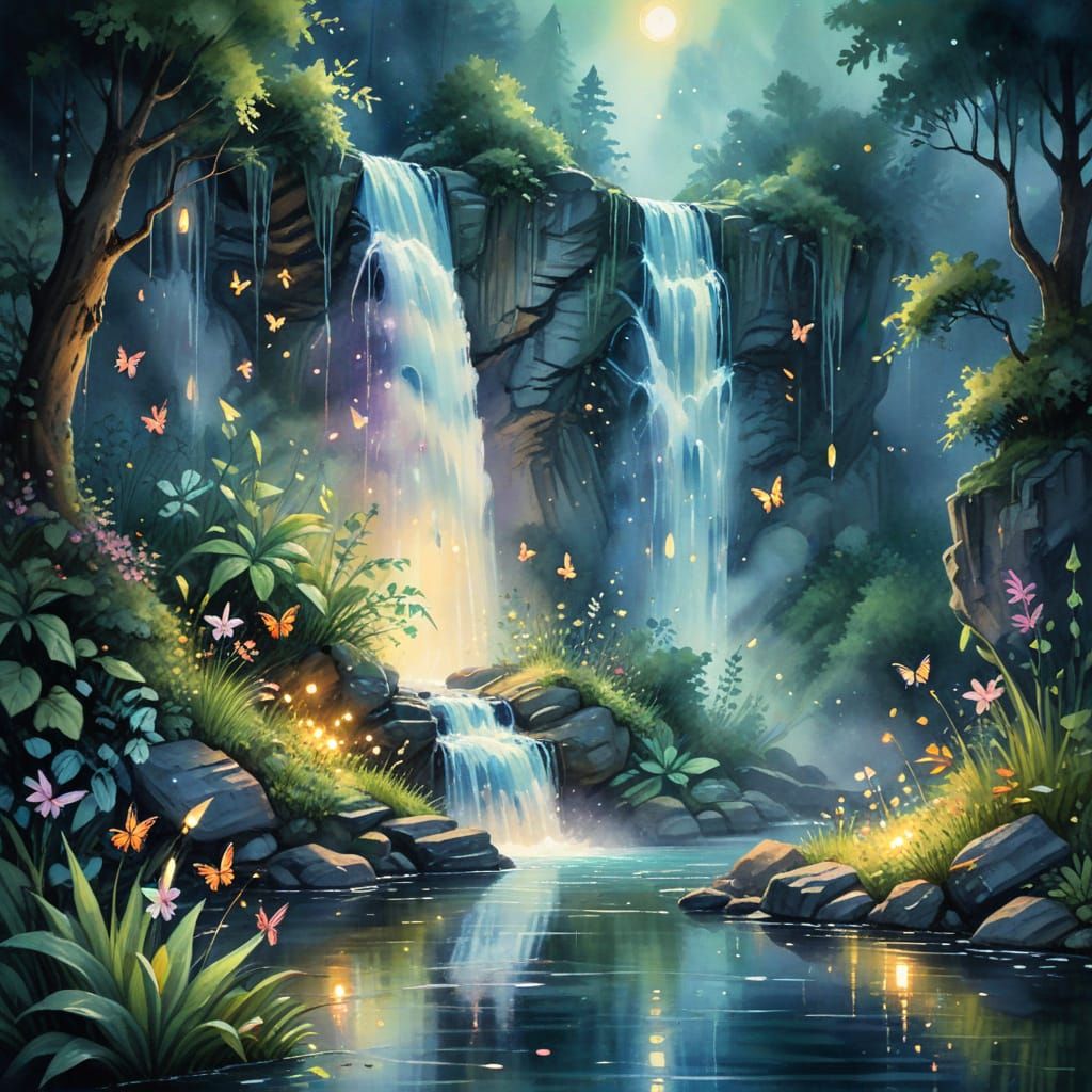 Lush Waterfall in Watercolor Painting Style