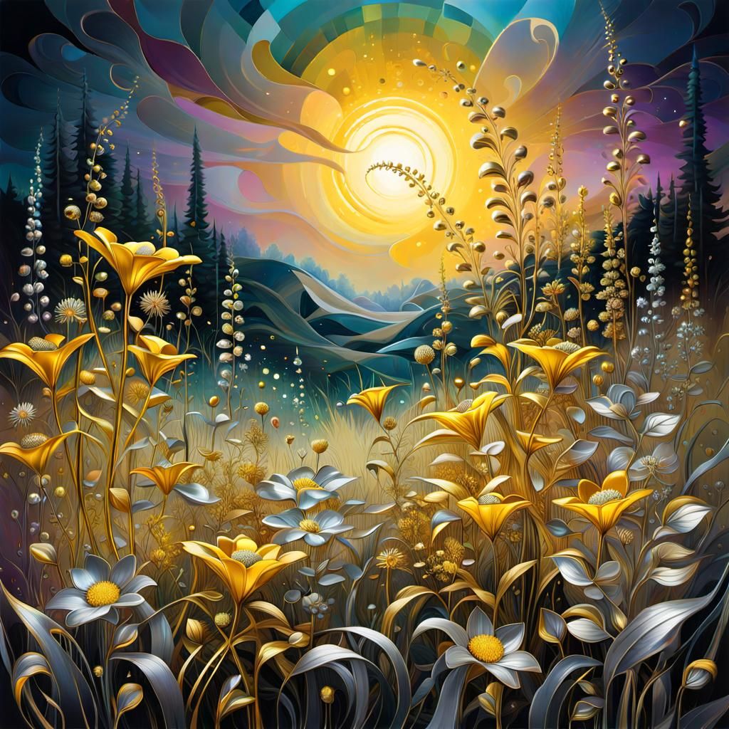 Golden and Silver Flowers in a Graffiti Art Meadow