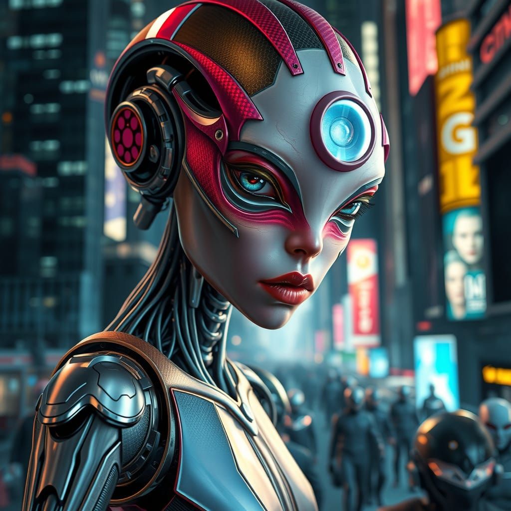 Hyperrealistic Cyborg Alien in Futuristic Space City