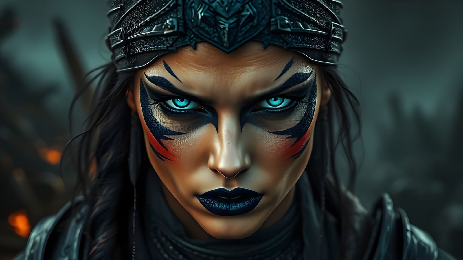 Warrior Woman's Intense Portrait, Dark Post-Apocalyptic Back...