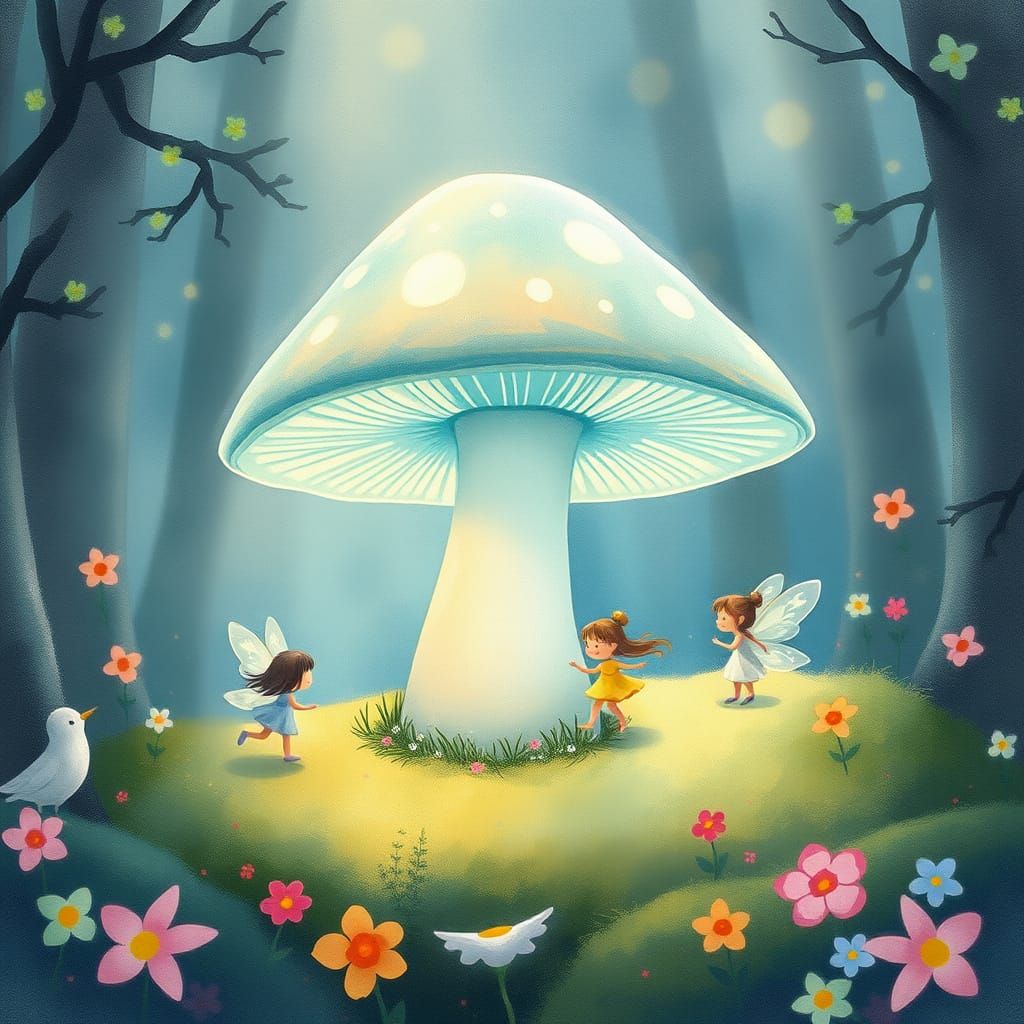 Fairies Dancing Around Bioluminescent Mushroom Watercolor