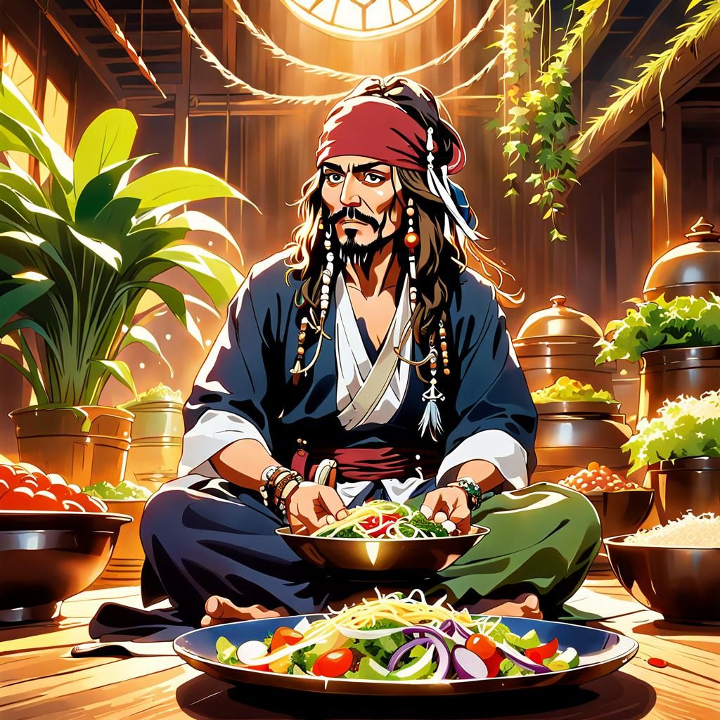 Jack Sparrow Meditating, Anime Style Vegetable Salad