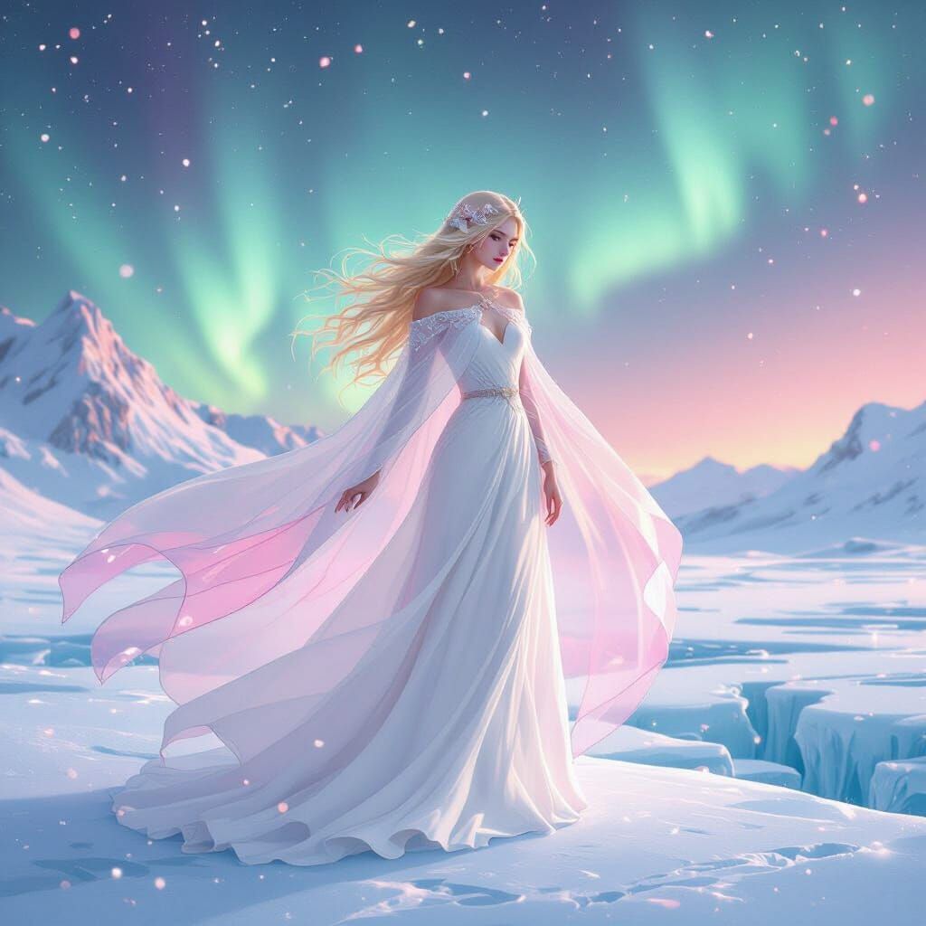 Ethereal Winter Fairy on Glacier with Aurora Borealis
