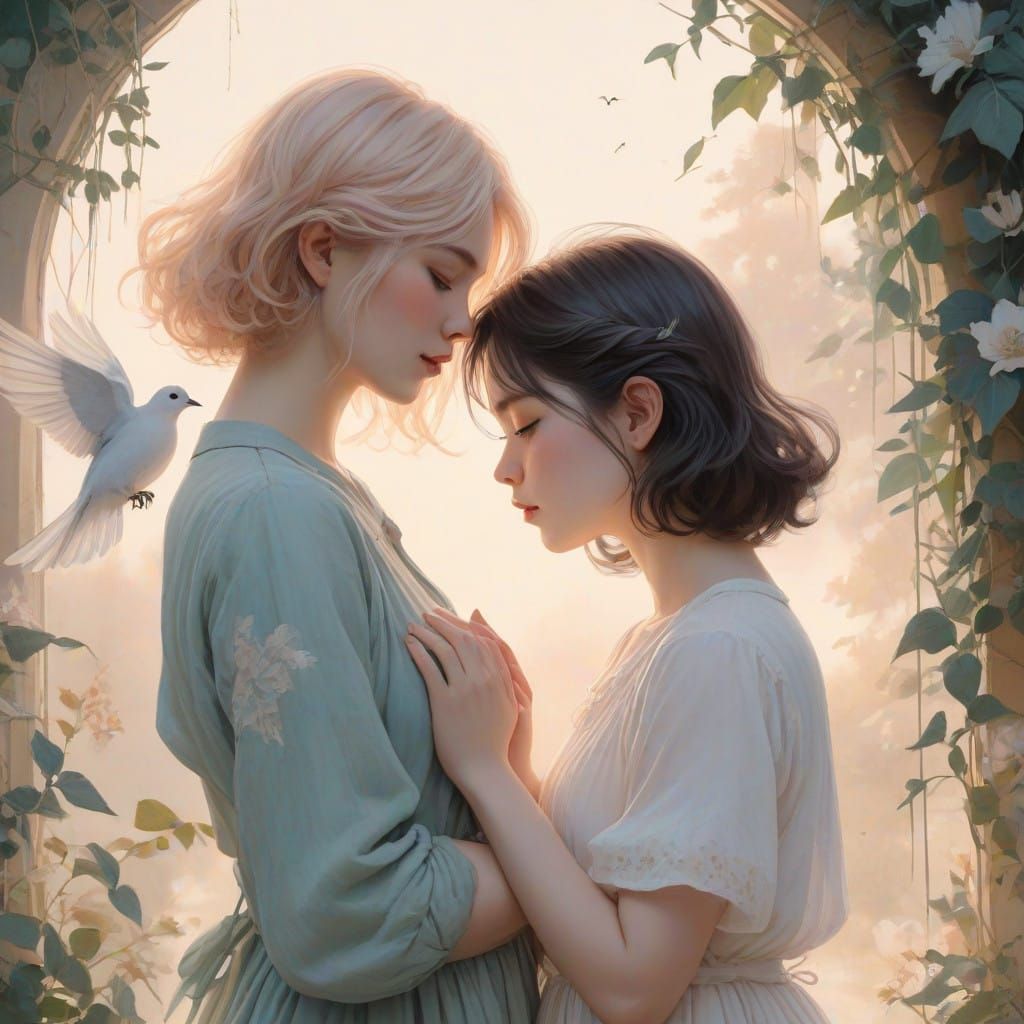 Young Women Cherish a Gentle Moment with a Soaring Dove