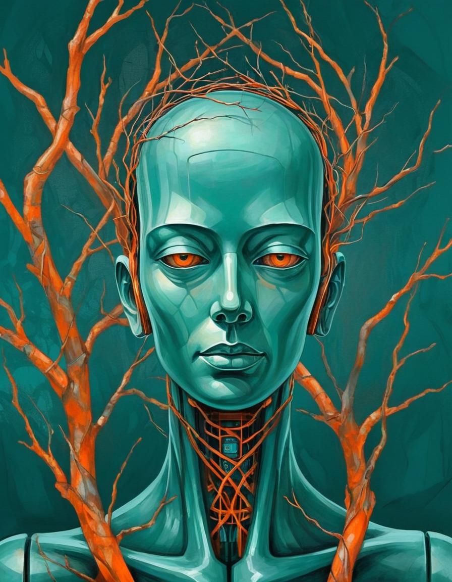 Android Head Intertwined with Branches in Acrylic Style