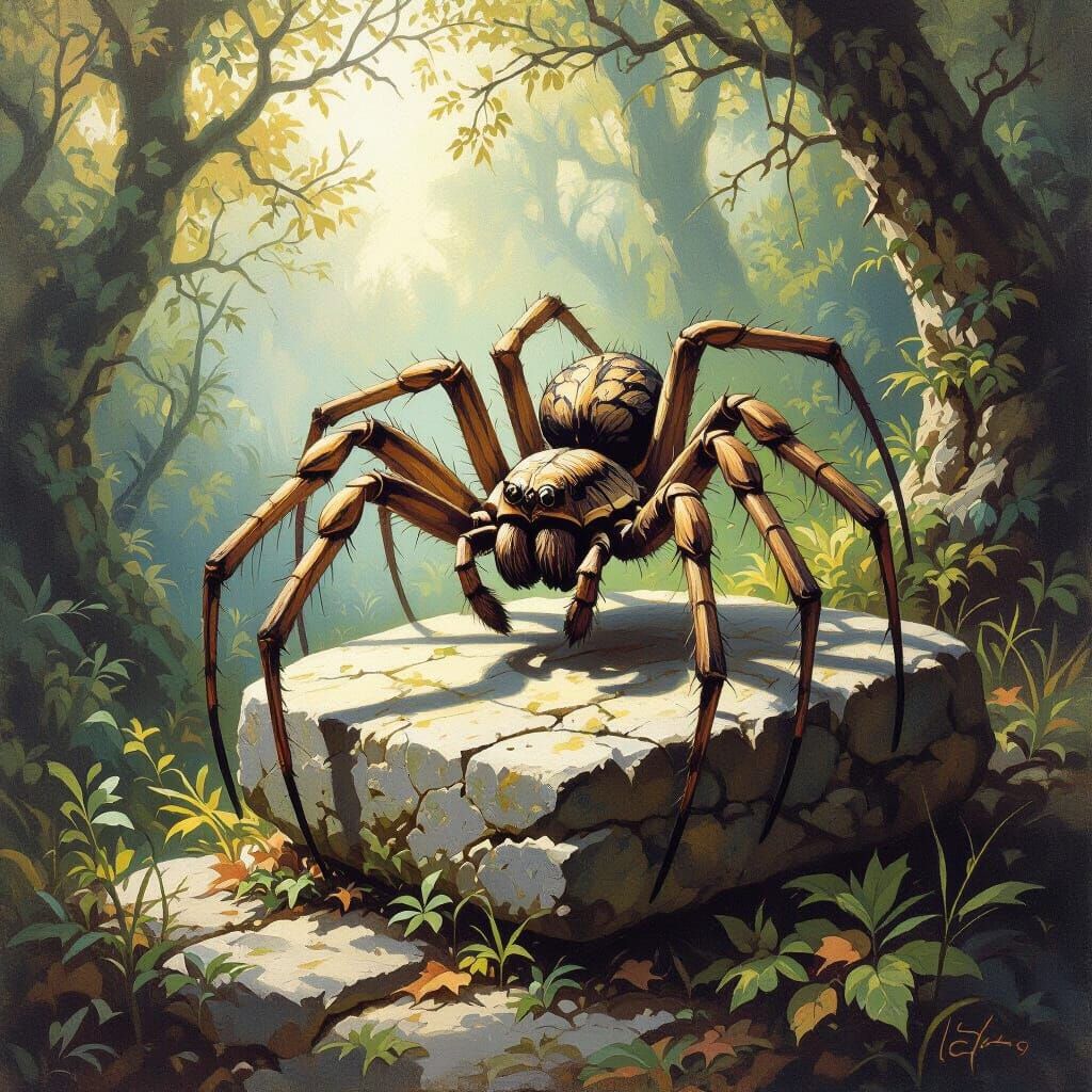 Dragon Spider in Mystical Forest: Oil Painting Style