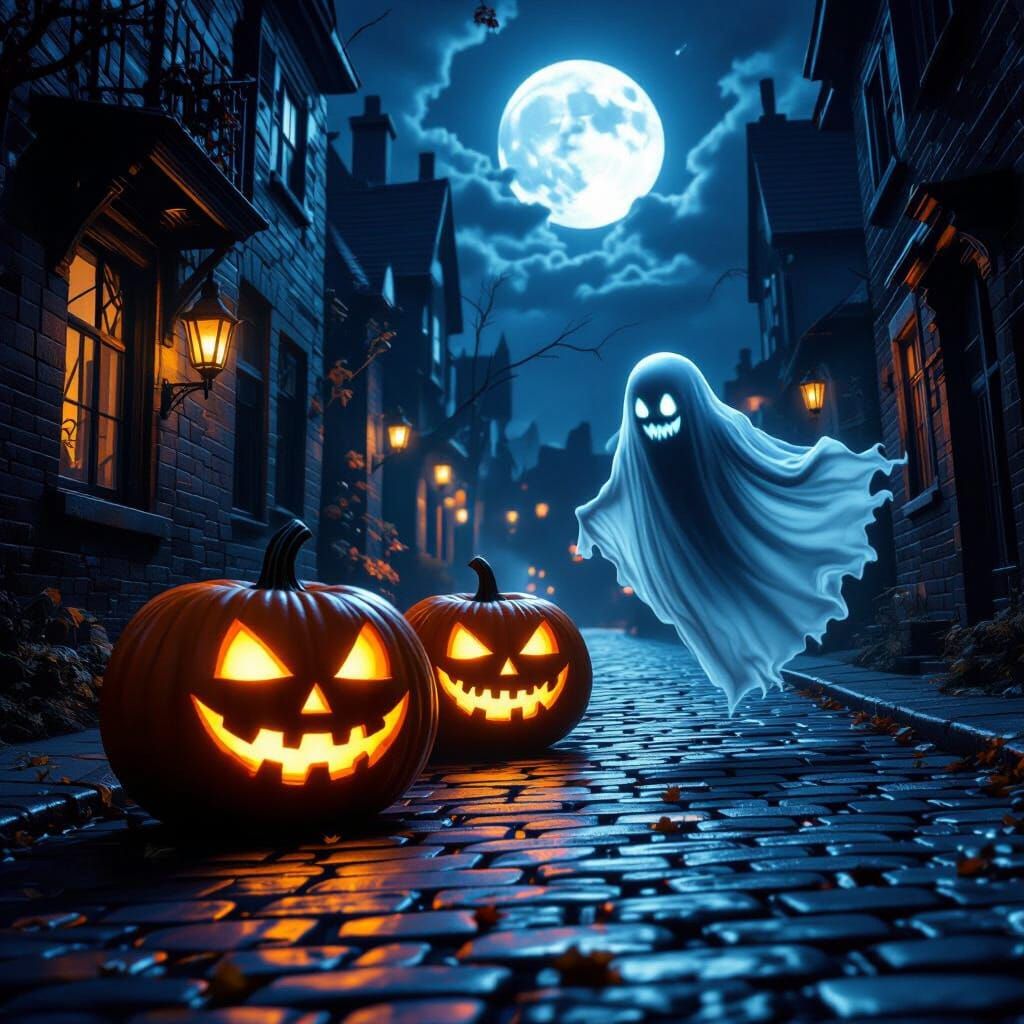 Pumpkins Chase Ghost Down Moonlit Cobblestone Street