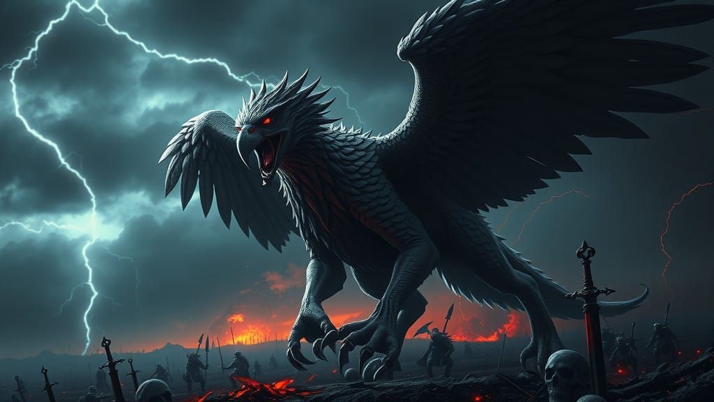 Dark Fantasy Griffon Conquers the Stormy Battlefield