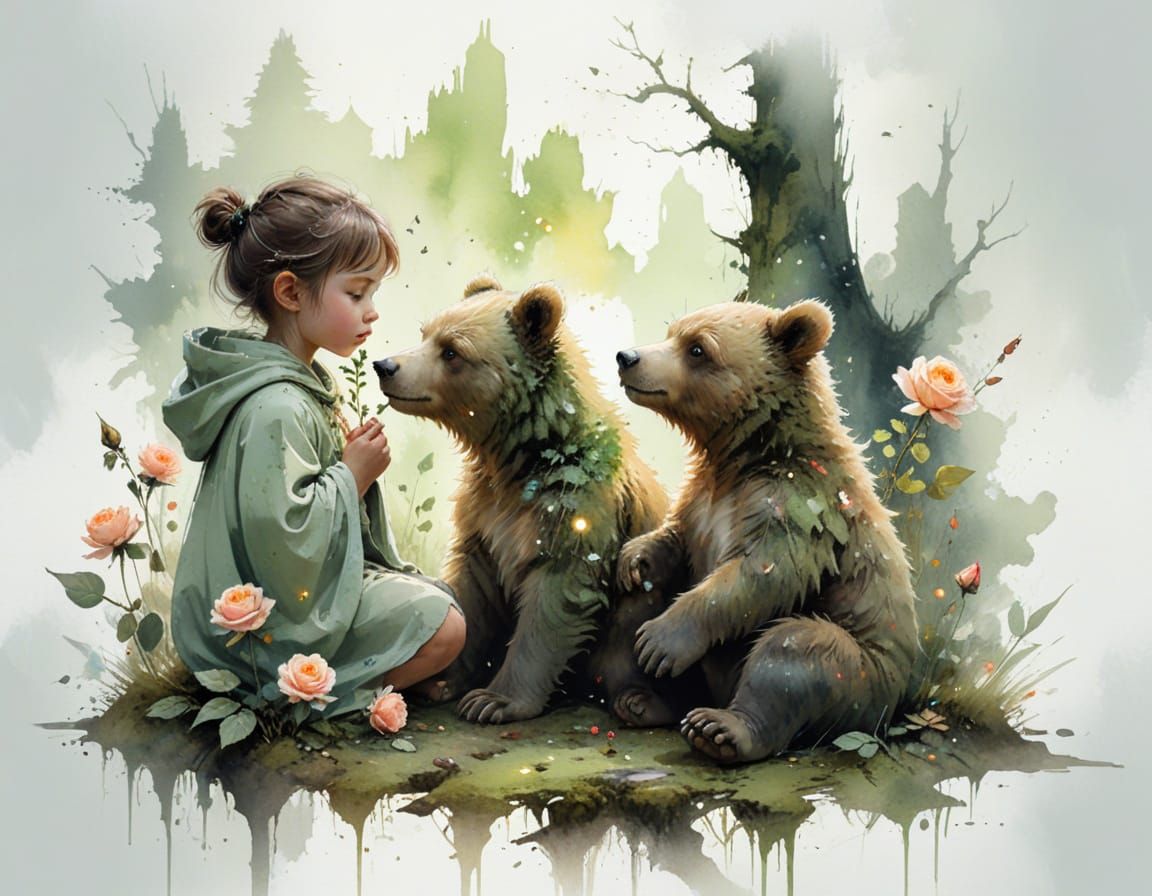 Child and Bear Cub in Enchanted Forest Twilight