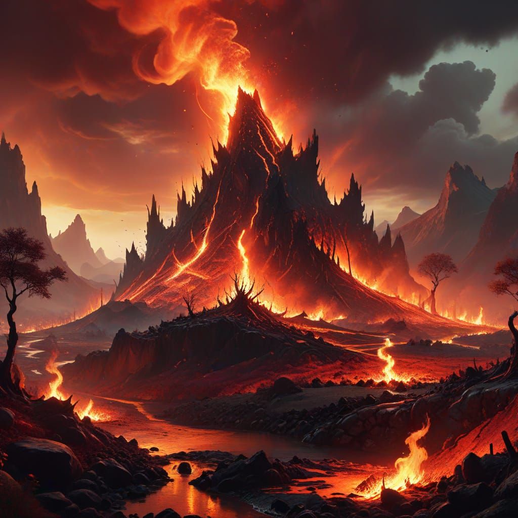 Surreal Landscape with Fiery Mountains, Concept Art
