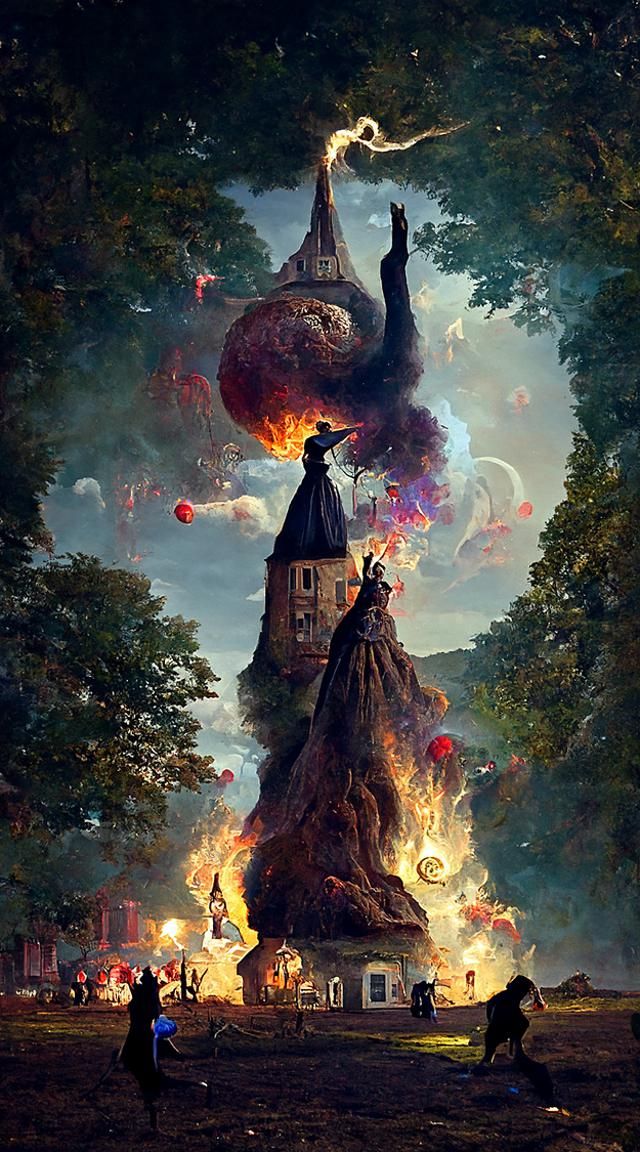 Surreal Witch Burning in a Gothic Village Square