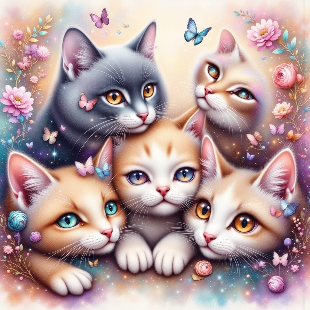 Four Whimsical Cats on Floral Wallpaper, Watercolor Style