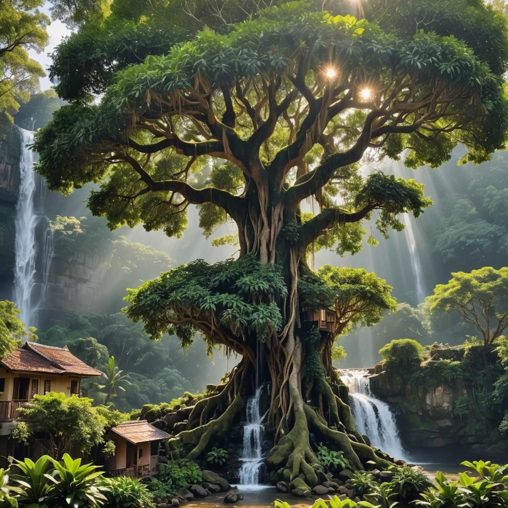 Ficus Tree with Little Houses and Waterfall