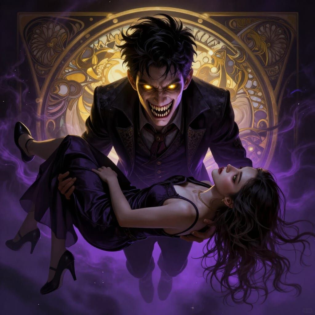 Dark Fantasy Art: Vampire Boy Holds Unconscious Girl