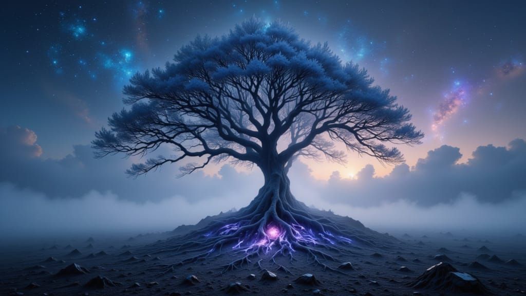 Sentient Twilight Landscape with Ethereal Glowing Tree
