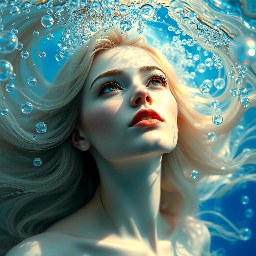 Surreal Underwater Goddess with Vibrant Bubbles in Multicolo...