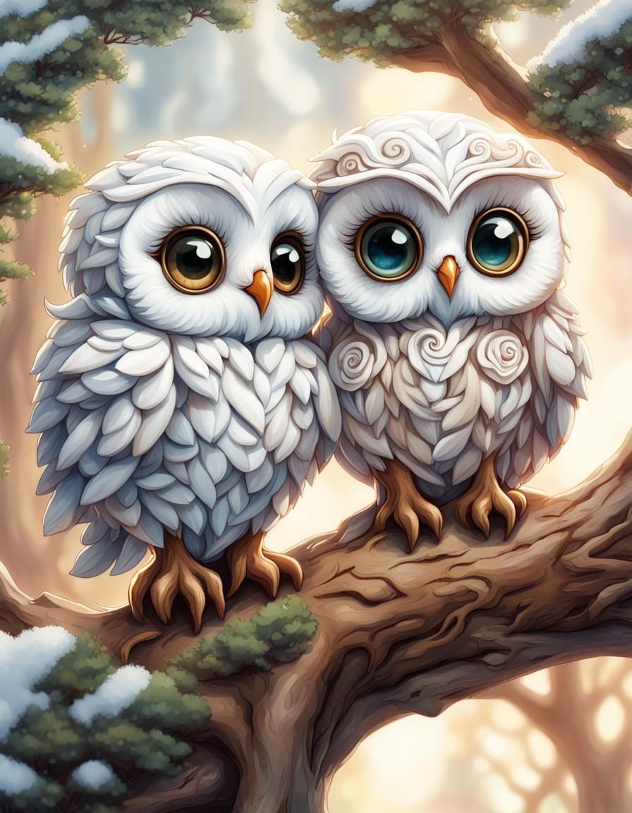 Watercolor Chibi Snow Owls Kissing on Tree