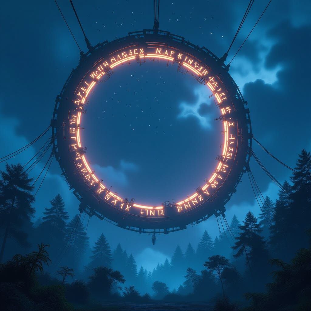 Ancient Orbital Ring Above Bioluminescent Forest