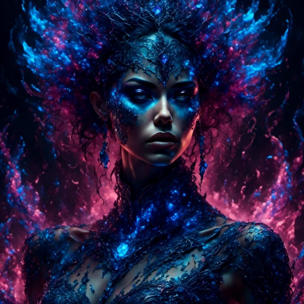 Gothic Woman with Blue Fire Lash and Runes