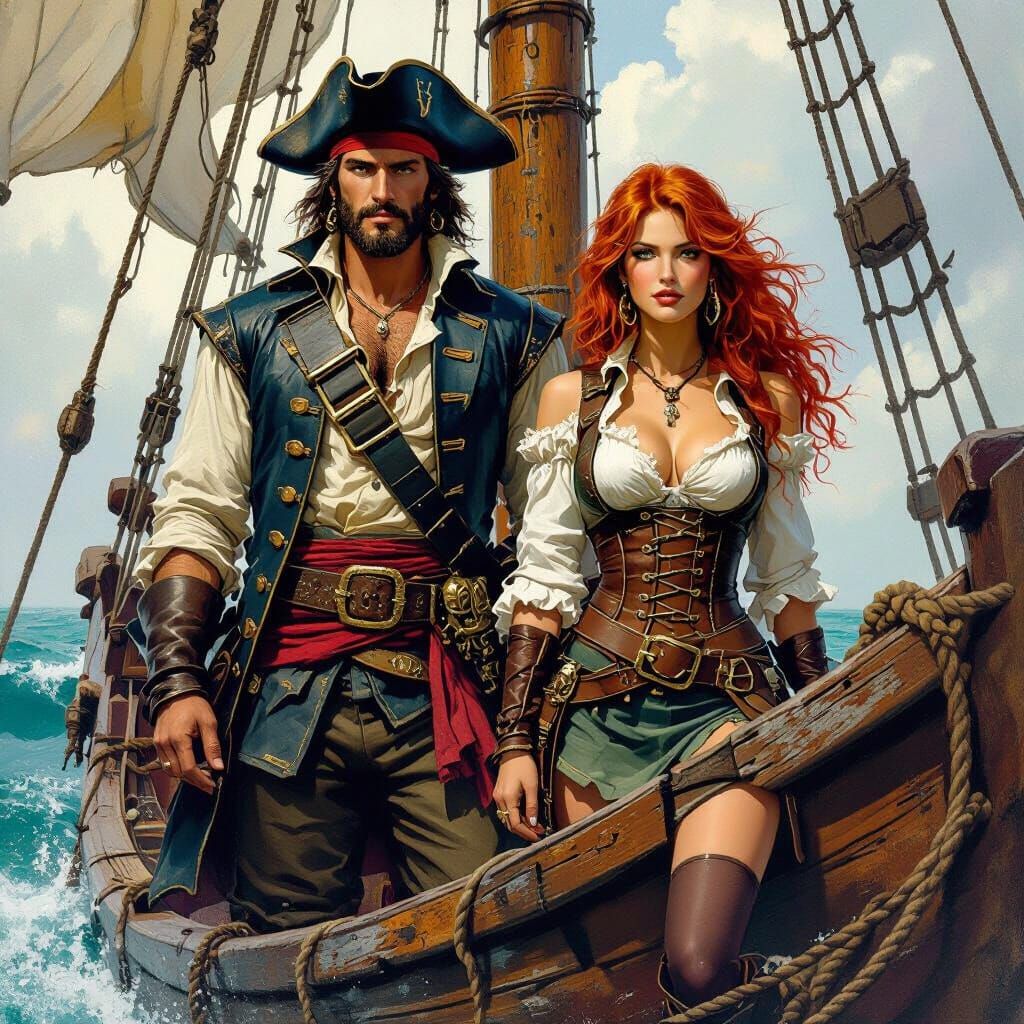 Pirate Couple on Ship Bow, Fantasy Art Style