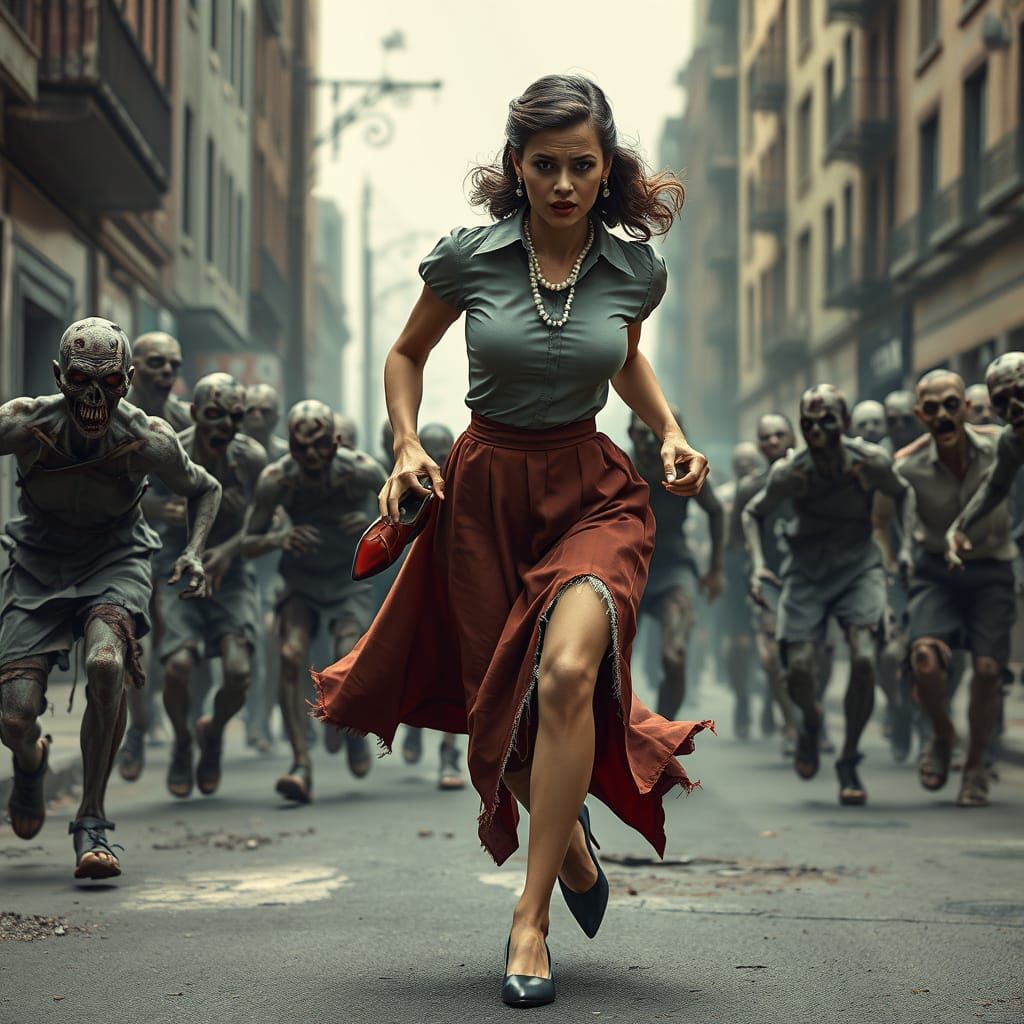 Elegance in Flight: 1950s Woman Fleeing Zombie Horde in Phot...