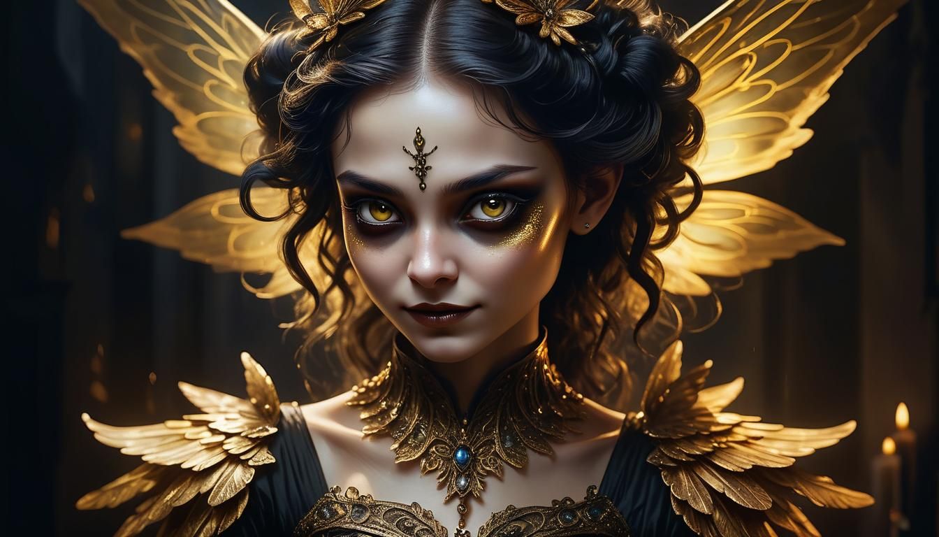 Baroque Dark Academy Fairy Portrait with Golden Wings