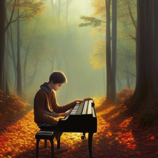 Teenage Boy Plays Piano in Autumn Forest, Hyperdetailed