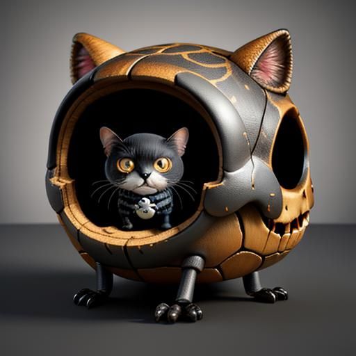 Whimsical 3D Render: Ladybug, Skull, and Cat