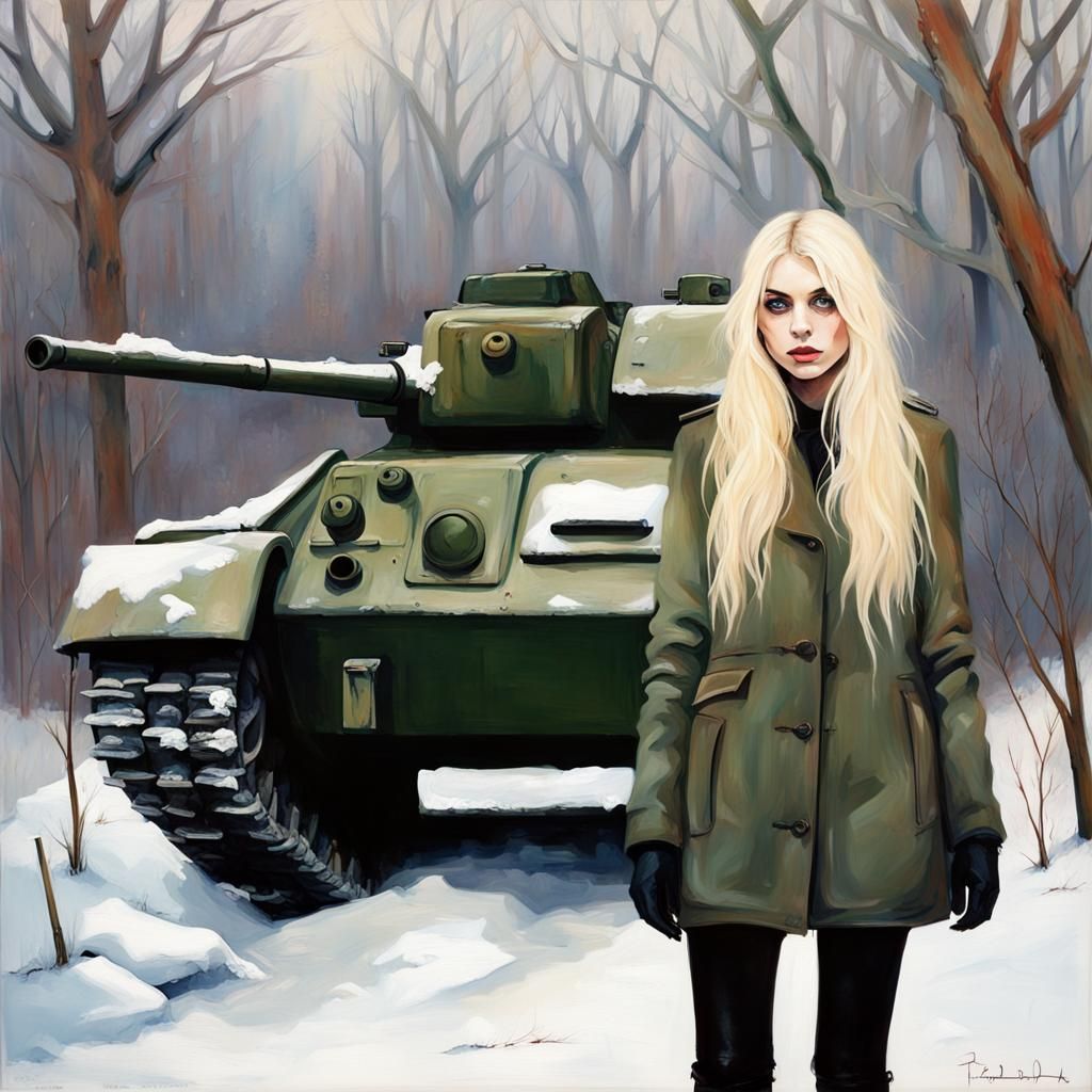 Taylor Momsen and T-34 Tank in Winter